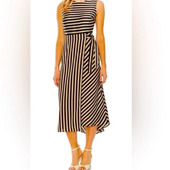 Vince Camuto Faux Wrap Dress Satin Striped Sleeveless Midi Flowy - Picture 2 of 15